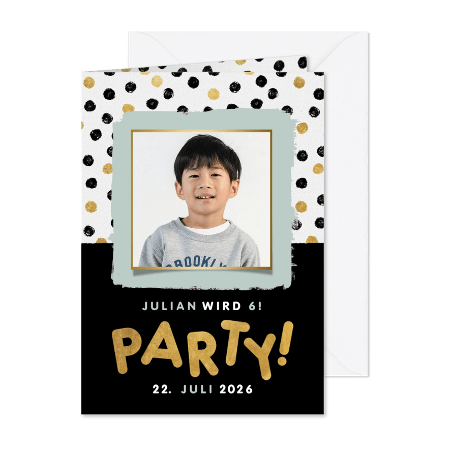 Einladungskarte 6. Kindergeburtstag 'Party' mit Foto - Karteneindruck
