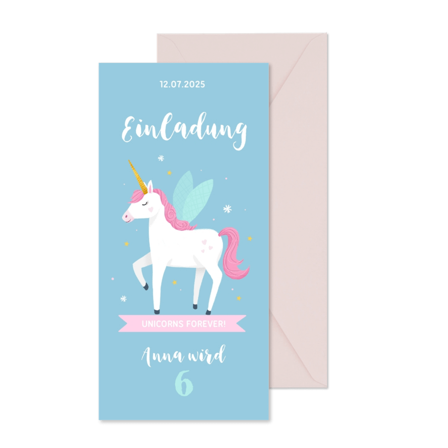 Einladungskarte 6. Kindergeburtstag Unicorns forever - Karteneindruck
