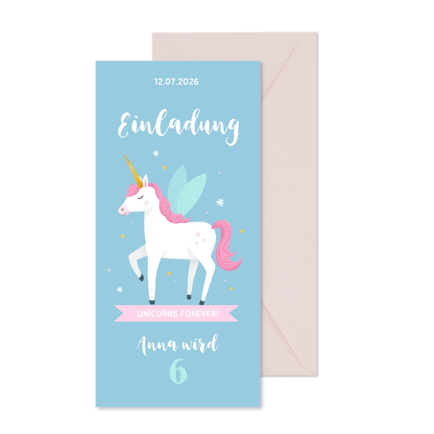 Einladungskarte 6. Kindergeburtstag Unicorns forever - Kartenvorschau