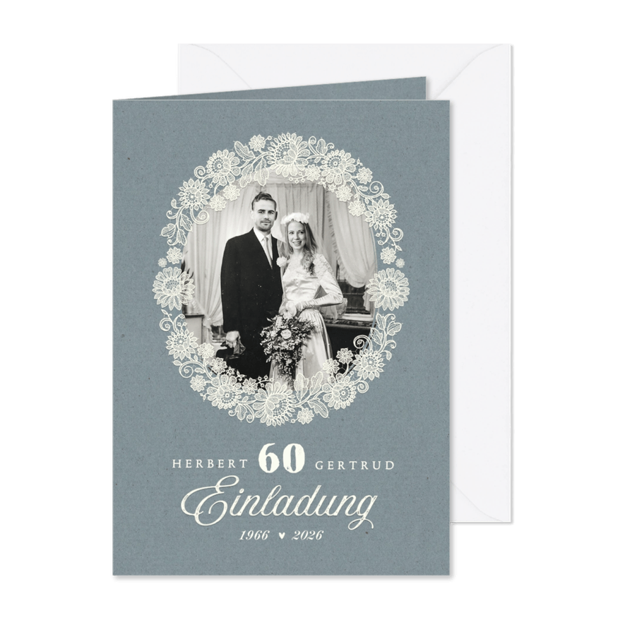Einladungskarte 60. Hochzeitstag Foto und Spitzendekor - Karteneindruck
