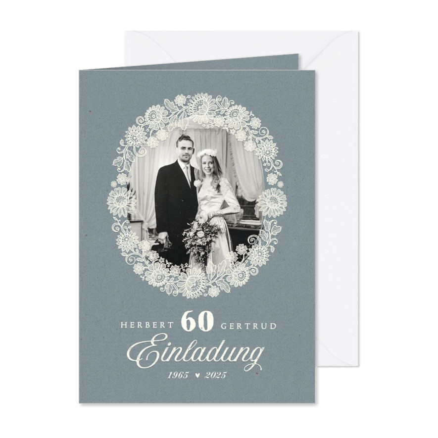 Einladungskarte 60. Hochzeitstag Foto und Spitzendekor - Karteneindruck