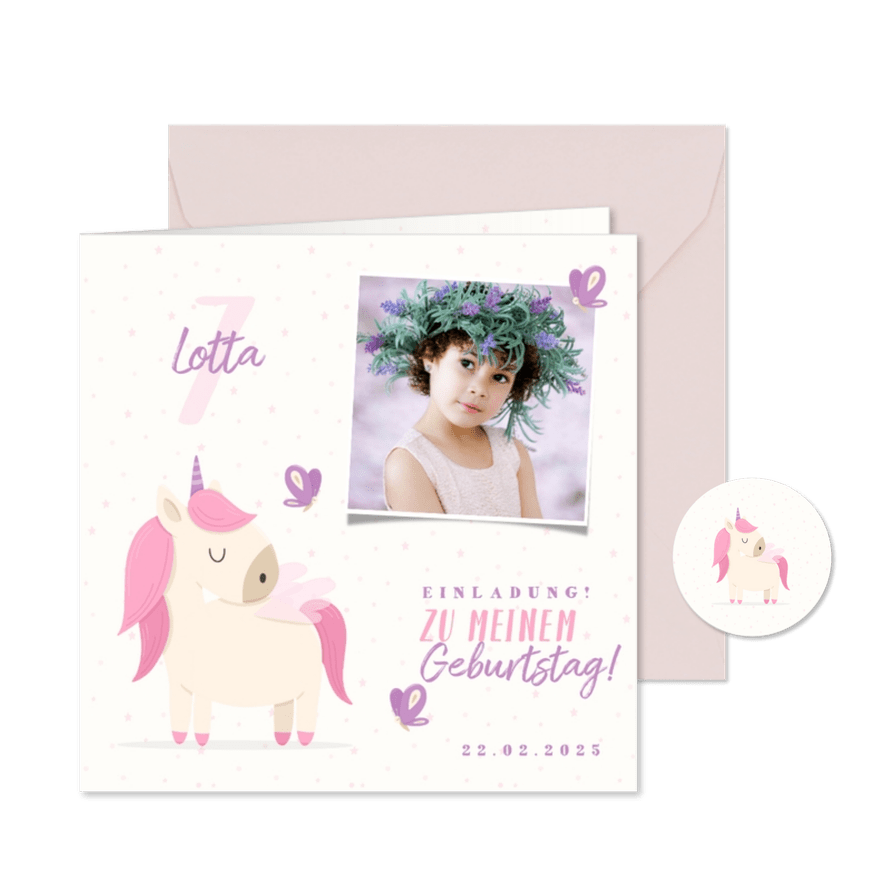 Einladungskarte 7. Kindergeburtstag eigenes Foto und Einhorn - Karteneindruck