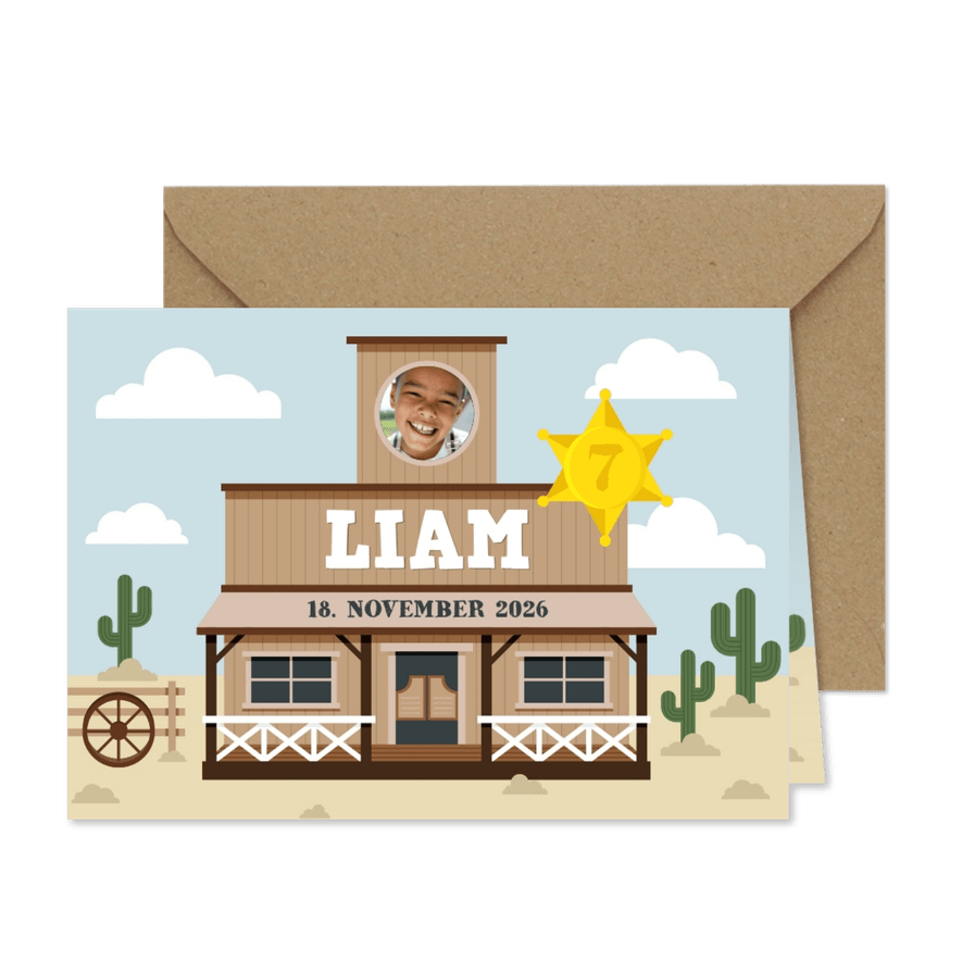 Einladungskarte 7. Kindergeburtstag Wilder Westen - Karteneindruck
