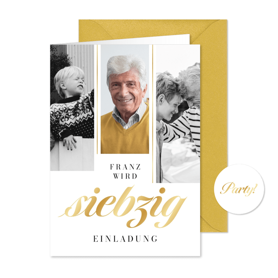 Einladungskarte 70. Geburtstag eigene Fotos & Golddruck - Karteneindruck