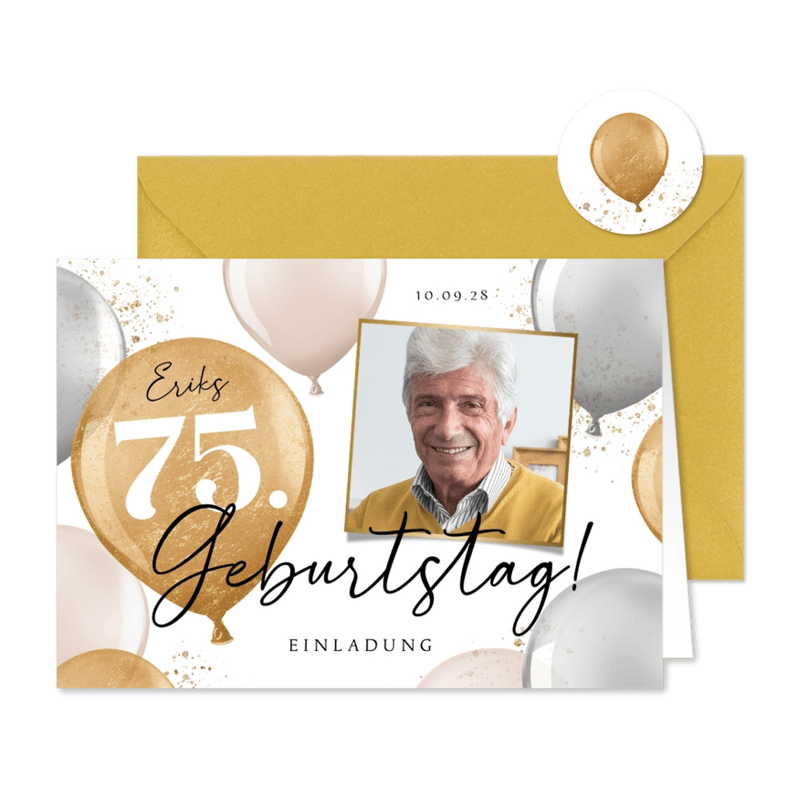 Einladungskarte 75. Geburtstag Foto und Luftballons - Karteneindruck