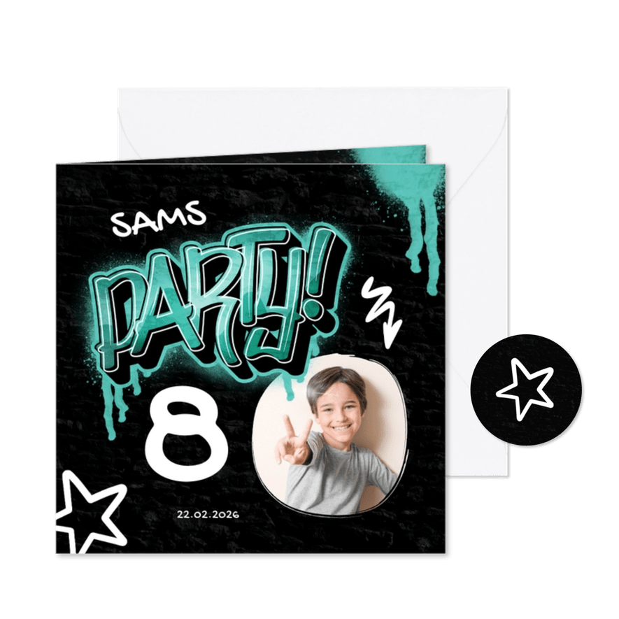 Einladungskarte 8. Kindergeburtstag Graffiti Party mit Foto - Karteneindruck