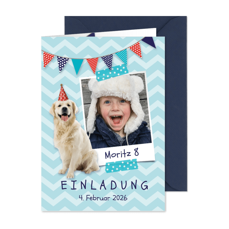 Einladungskarte 8. Kindergeburtstag Hund und Foto - Karteneindruck
