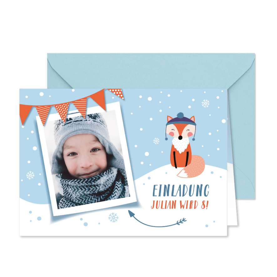 Einladungskarte 8. Kindergeburtstag Schneefuchs - Kartenvorschau

