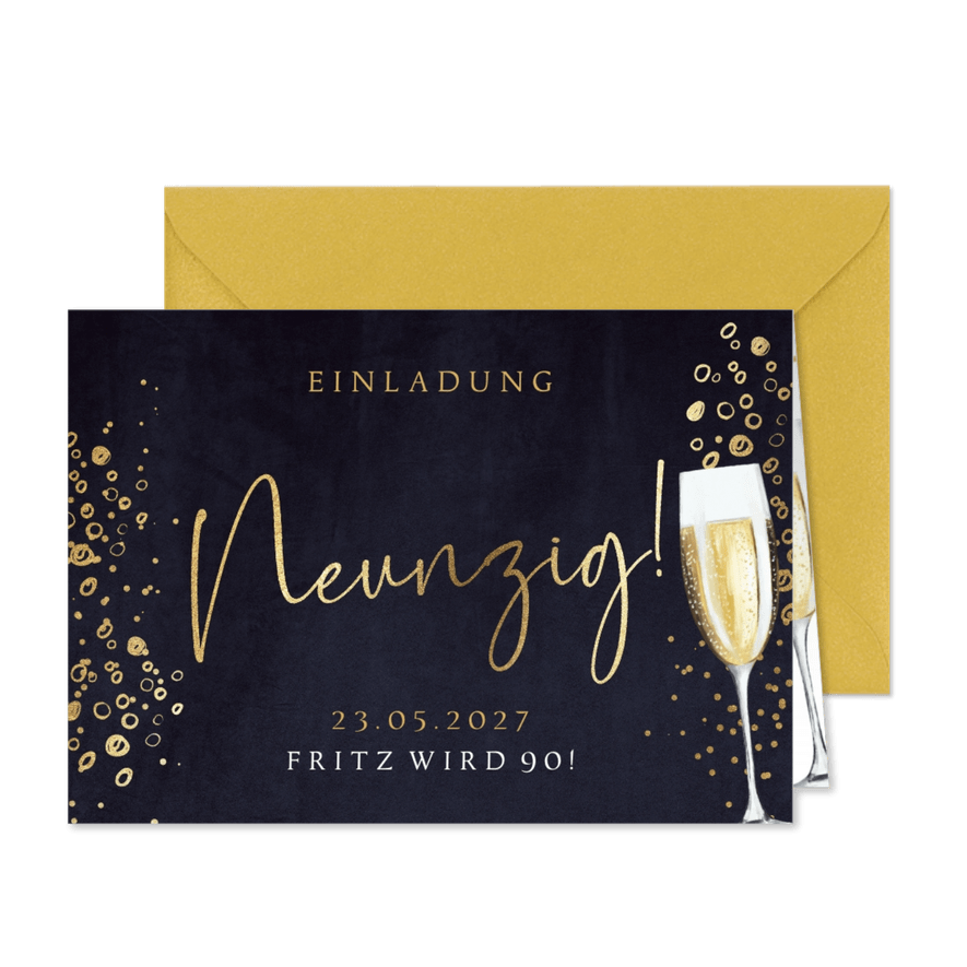 Einladungskarte 90. Geburtstag Sektglas - Karteneindruck
