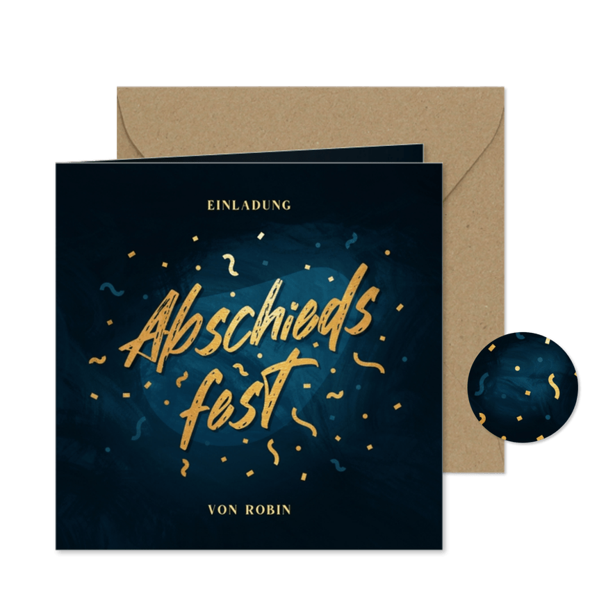 Einladungskarte Abschiedsfest Goldlook Konfetti - Karteneindruck