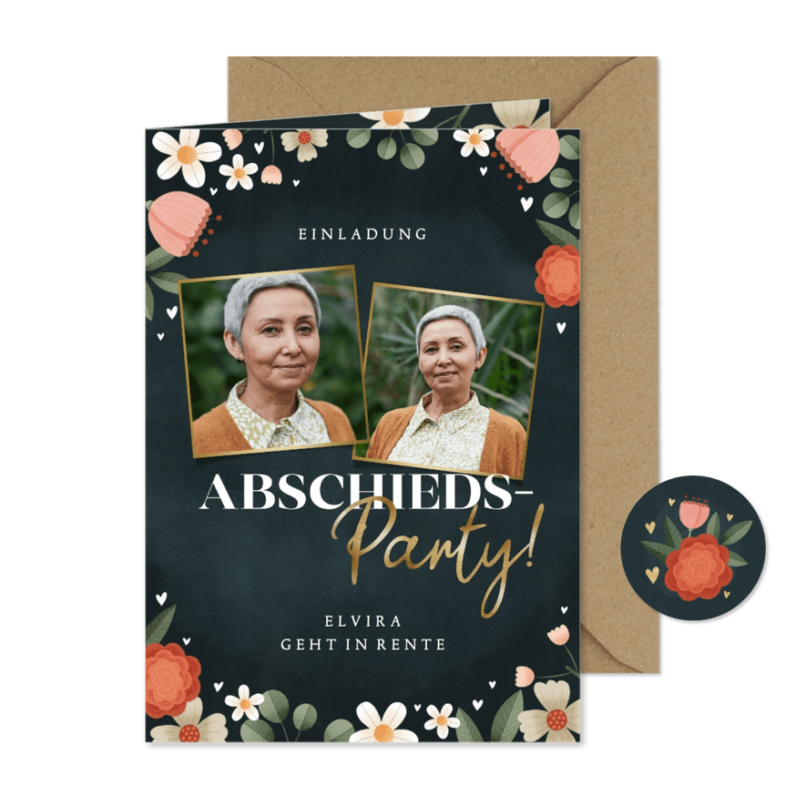 Einladungskarte Abschiedsparty Fotos & Blumen - Karteneindruck
