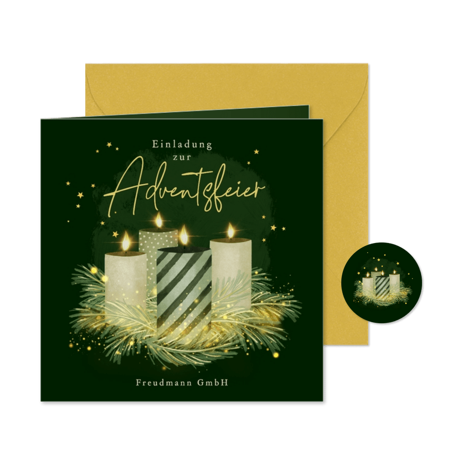 Einladungskarte Adventsfeier geschäftlich 4 Kerzen grün - Kartenvorschau
