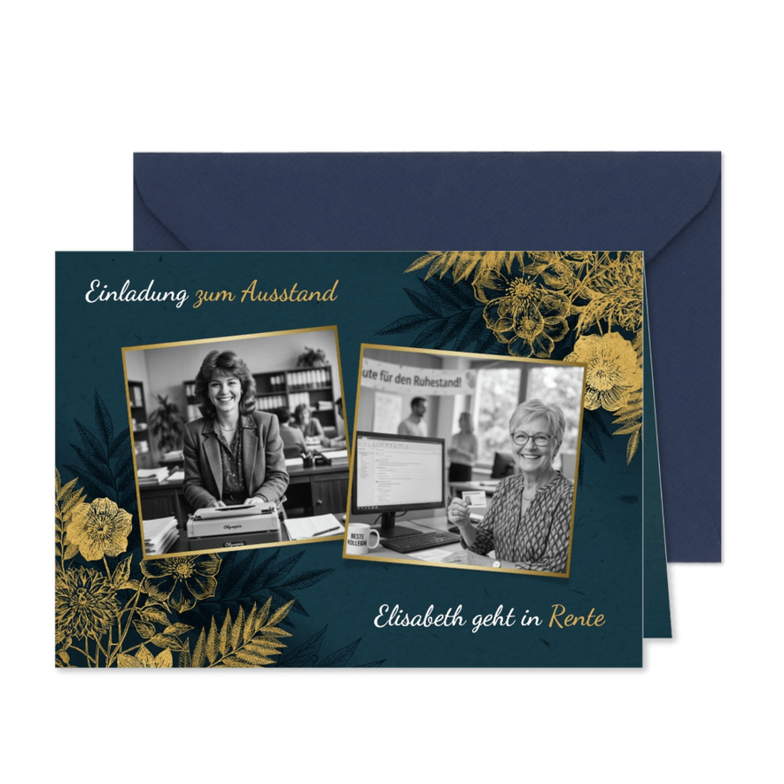 Einladungskarte Ausstand Fotocollage blau goldene Blumen - Kartenvorschau
