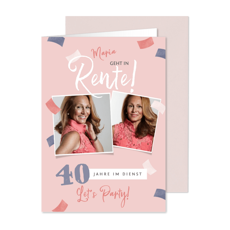 Einladungskarte Austand Rente rosa Konfetti Fotocollage - Karteneindruck