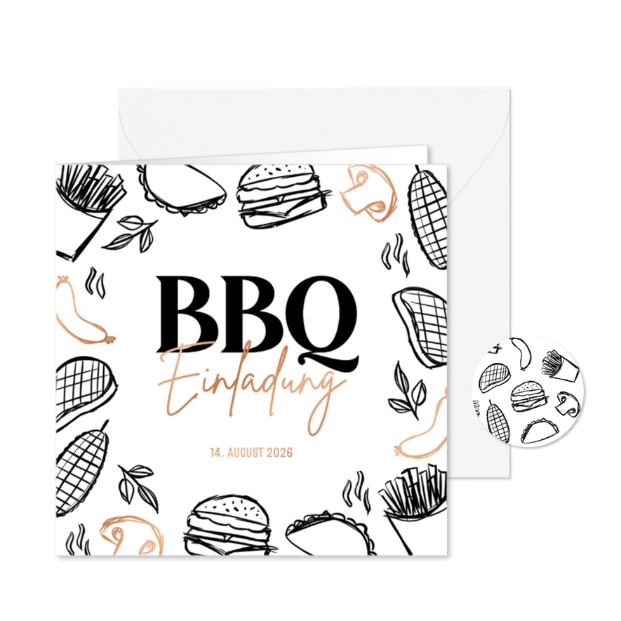 Einladungskarte BBQ Grillfest schwarz weiß Doodles - Kartenvorschau