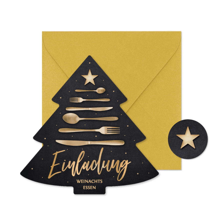 Einladungskarte Besteck Weihnachtsessen Weihnachtsbaum - Karteneindruck
