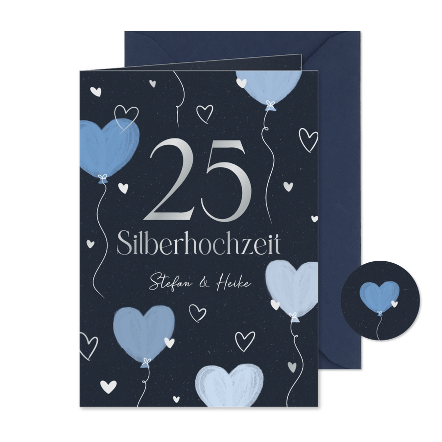 Einladungskarte blaue Herzluftballons Silberhochzeit - Karteneindruck