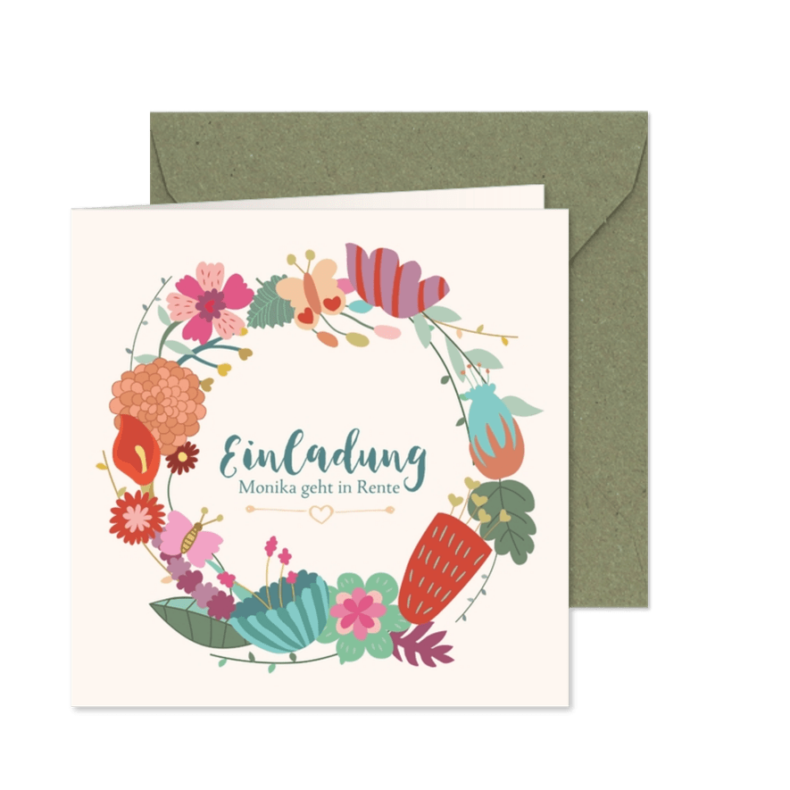 Einladungskarte Blumenkranz zur Rente - Karteneindruck