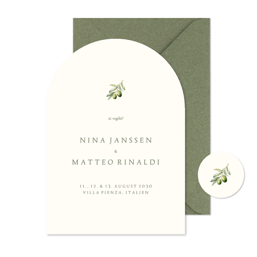 Einladungskarte Bogen Hochzeit Olivenzweig schlicht - Karteneindruck

