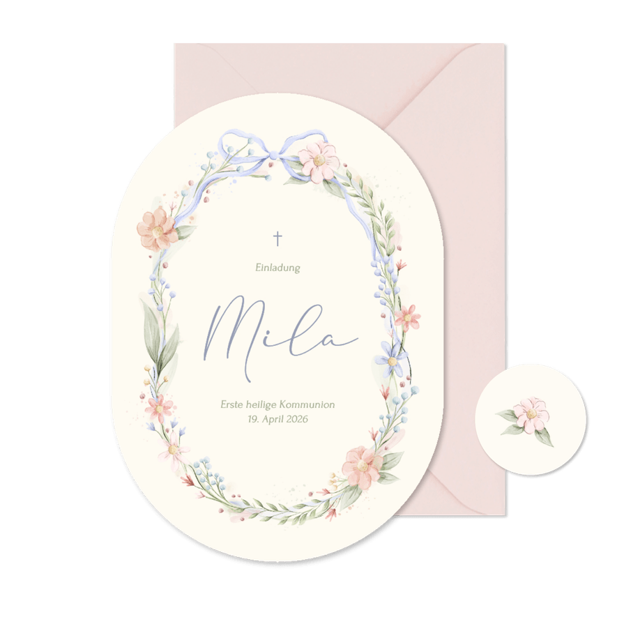 Einladungskarte Bogenform Blumenkranz Kommunion beige - Karteneindruck
