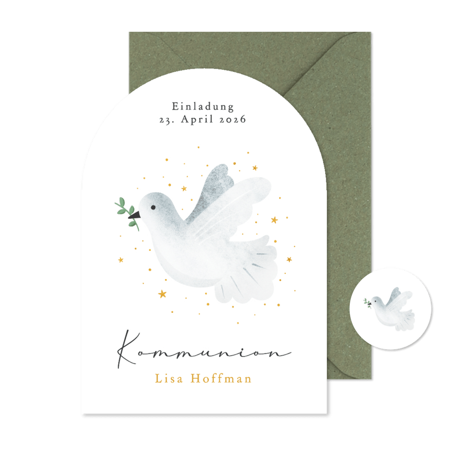 Einladungskarte Bogenform Kommunion weiße Taube Sternchen - Karteneindruck
