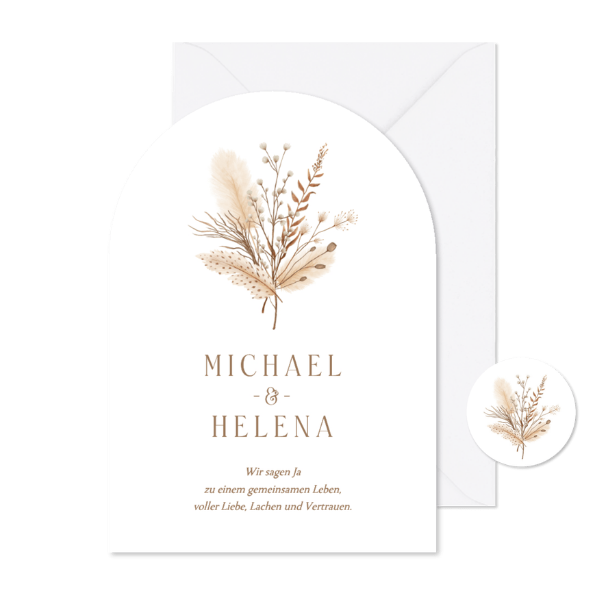 Einladungskarte Bogenform Trockenzweige Bohemien Hochzeit - Karteneindruck
