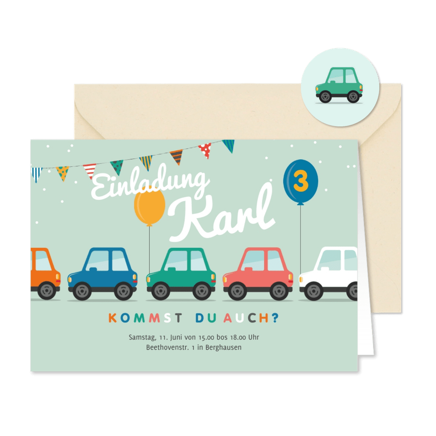 Einladungskarte bunte Autos 3. Geburtstag - Kartenvorschau