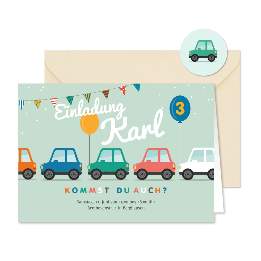 Einladungskarte bunte Autos 3. Geburtstag - Karteneindruck
