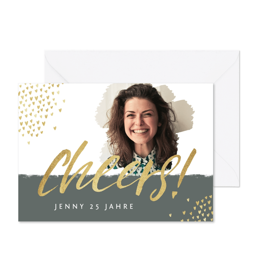 Einladungskarte 'Cheers' mit Foto und Herzen - Karteneindruck
