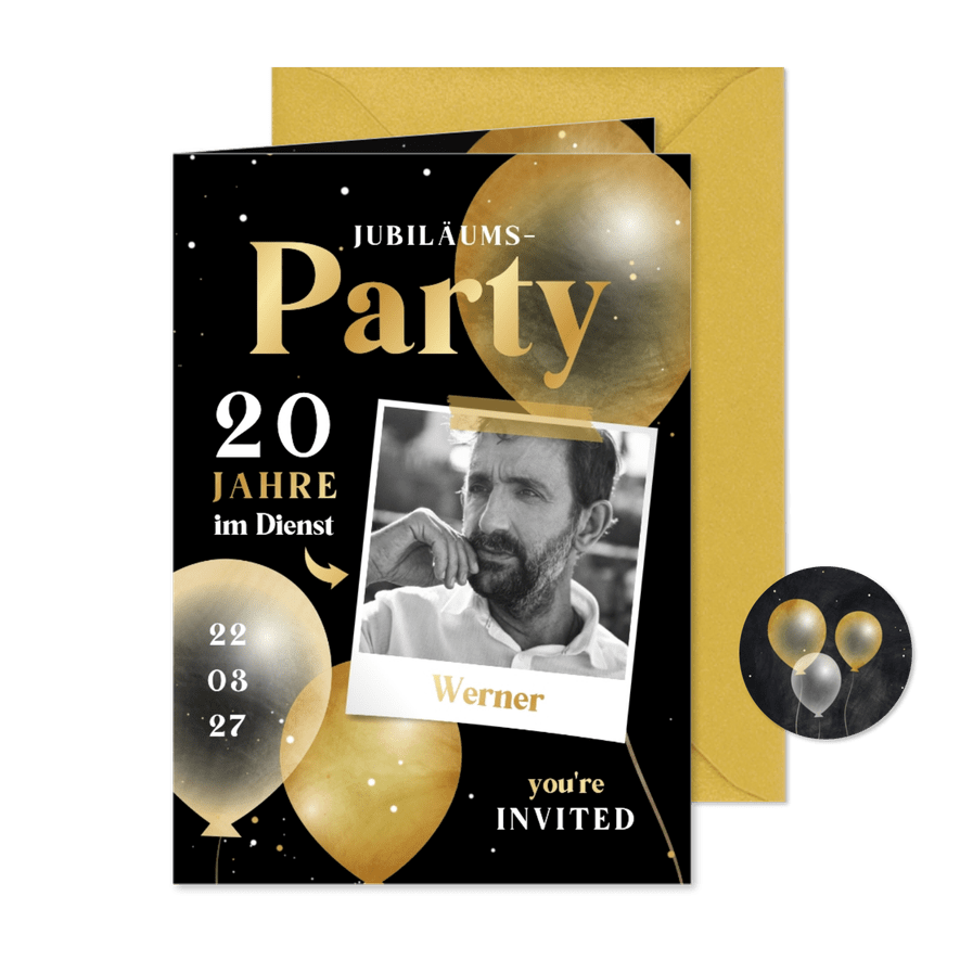 Einladungskarte Dienstjubiläum Foto & Luftballons - Karteneindruck
