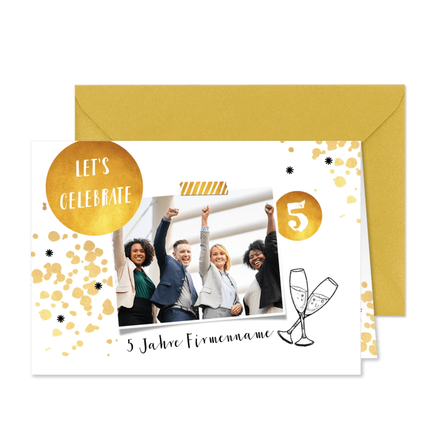 Einladungskarte Dienstjubiläum gold mit Foto - Karteneindruck