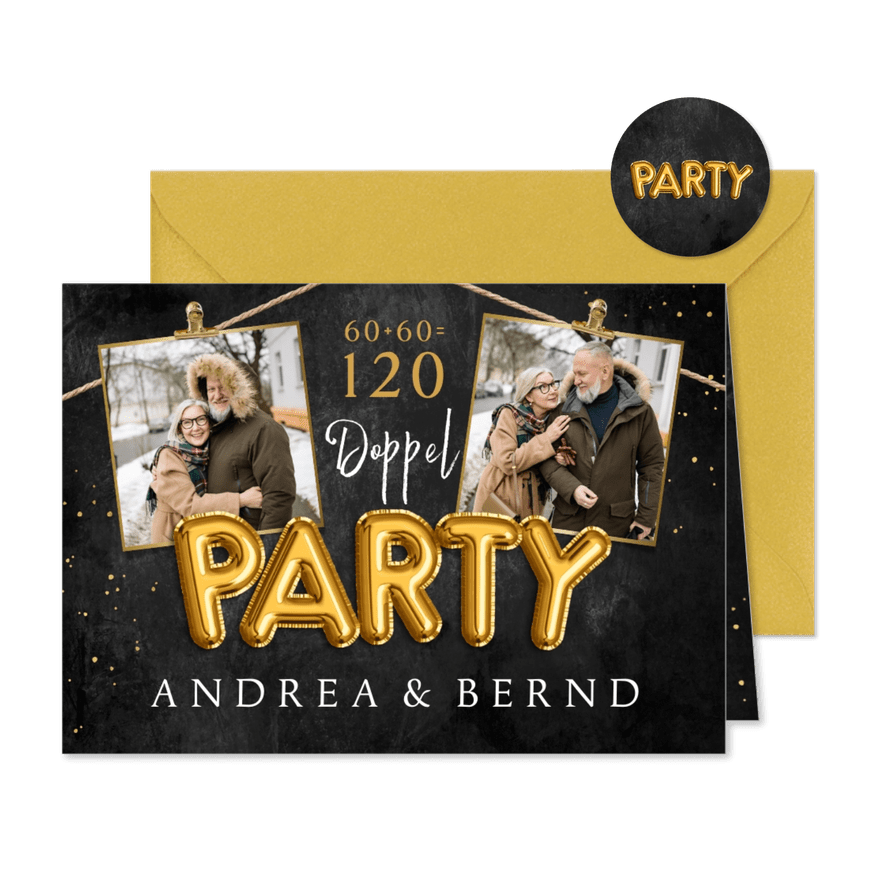 Einladungskarte Doppelparty Fotos an Wäscheleine - Karteneindruck