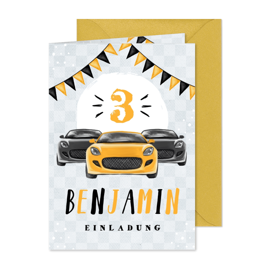 Einladungskarte drei Autos schwarz-gelb 3 Jahre - Karteneindruck