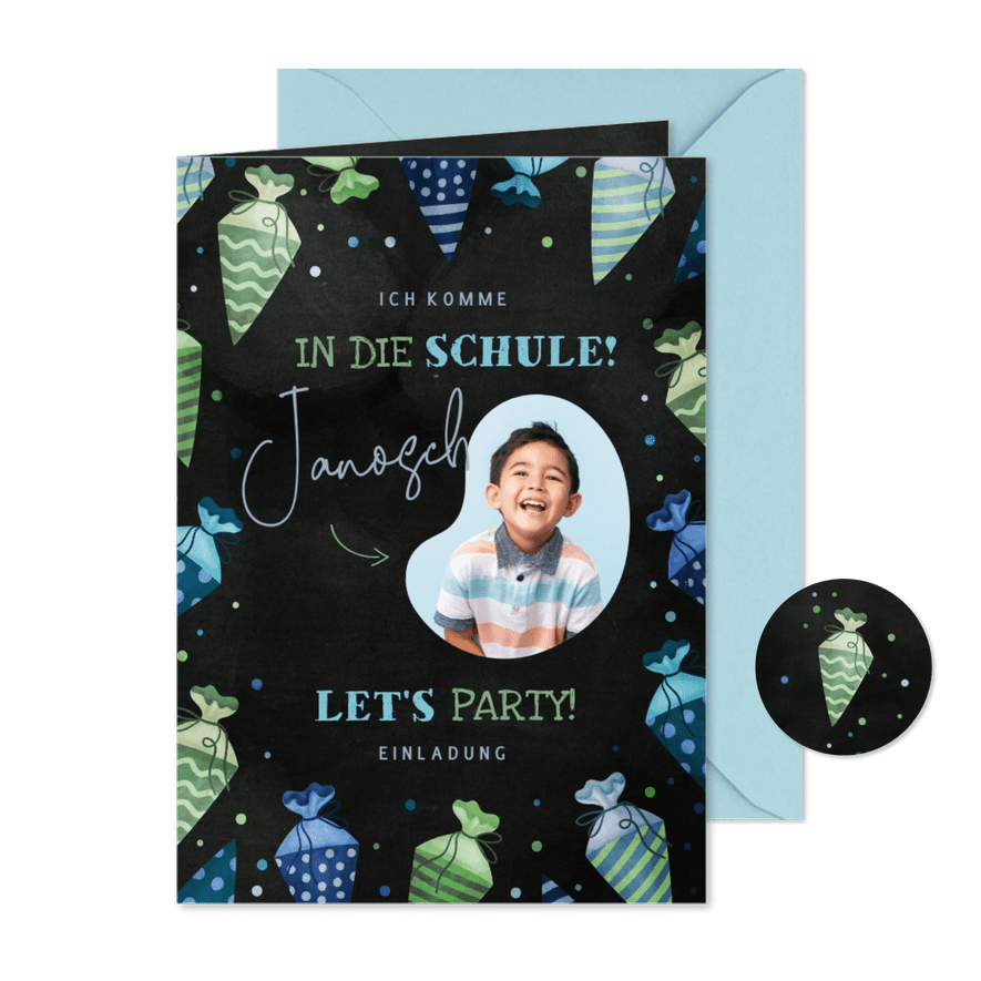 Einladungskarte Einschulung blau-grüne Schultüten & Foto - Karteneindruck

