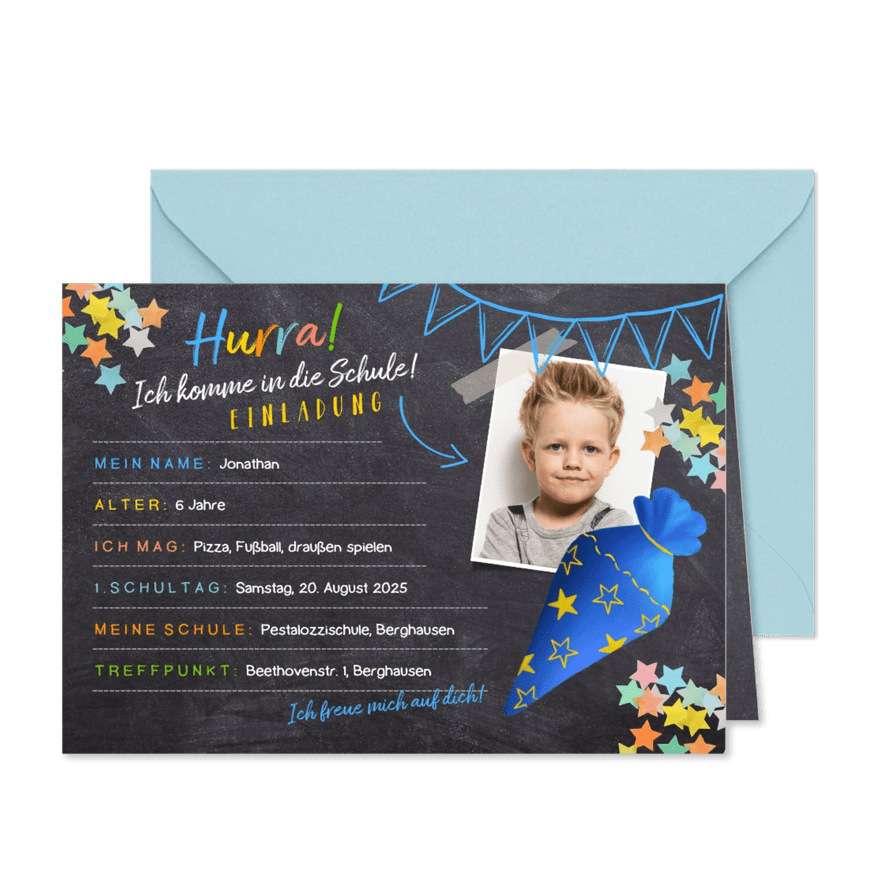 Einladungskarte Einschulung blaue Schultüte und Foto - Karteneindruck