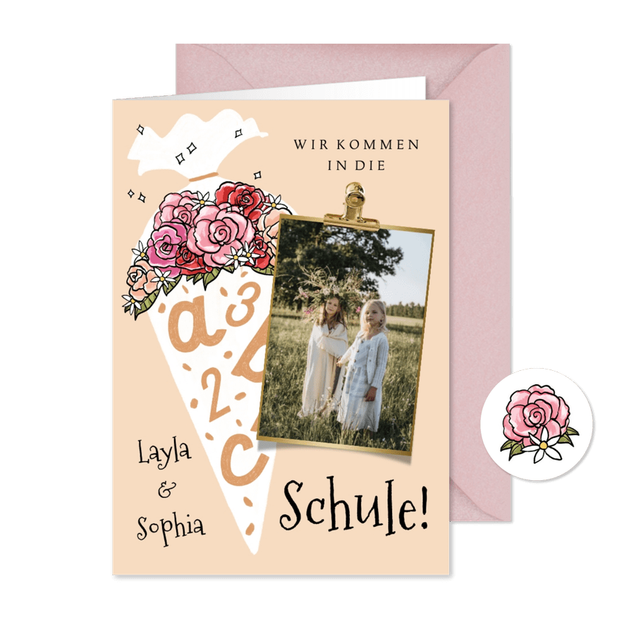 Einladungskarte Einschulung Foto & blumige Schultüte - Karteneindruck
