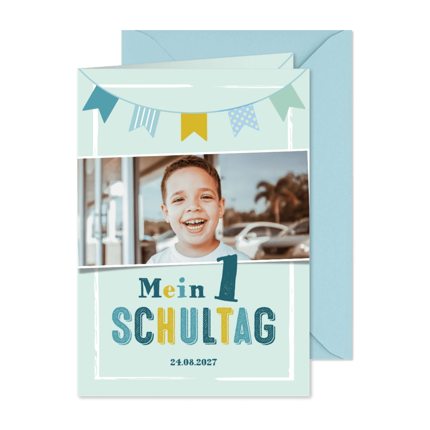 Einladungskarte Einschulung mit blauer Wimpelkette - Karteneindruck