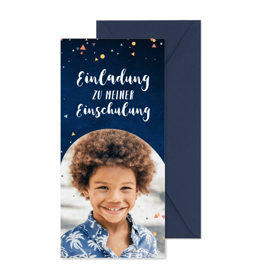 Einladungskarte Einschulung mit Foto und Konfetti - Karteneindruck