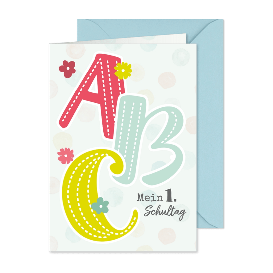 Einladungskarte Einschulung mit großem buntem ABC - Karteneindruck