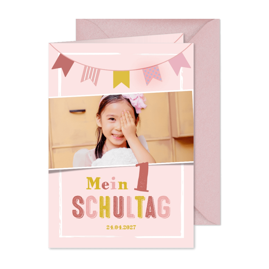 Einladungskarte Einschulung mit rosa Wimpelkette - Karteneindruck