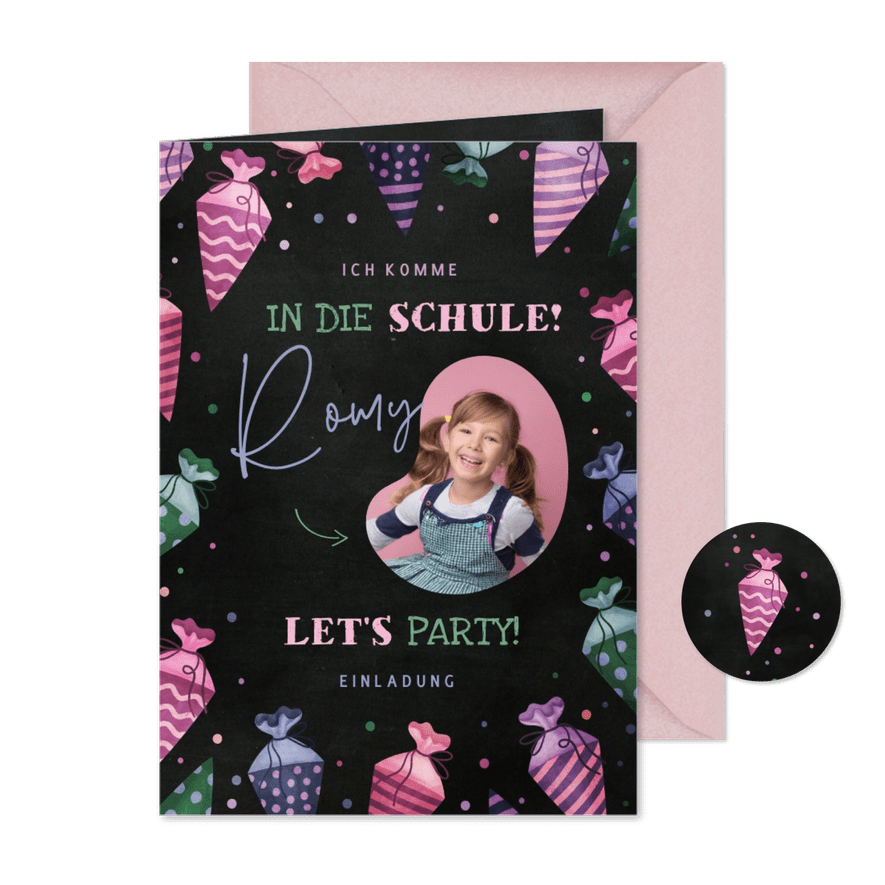 Einladungskarte Einschulung pinke Schultüten & Foto - Kartenvorschau