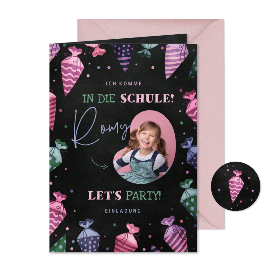 Einladungskarte Einschulung pinke Schultüten & Foto - Karteneindruck