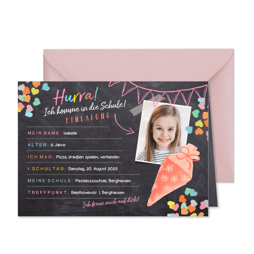 Einladungskarte Einschulung rosa Schultüte und Foto - Karteneindruck