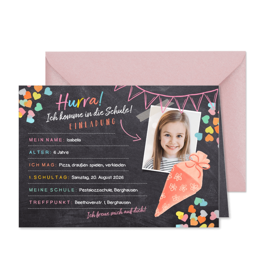 Einladungskarte Einschulung rosa Schultüte und Foto - Karteneindruck