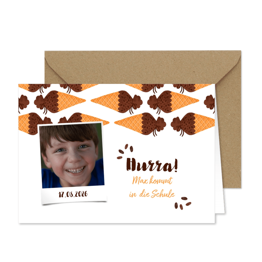 Einladungskarte Einschulung Schultüte Eis schoko und Foto - Karteneindruck
