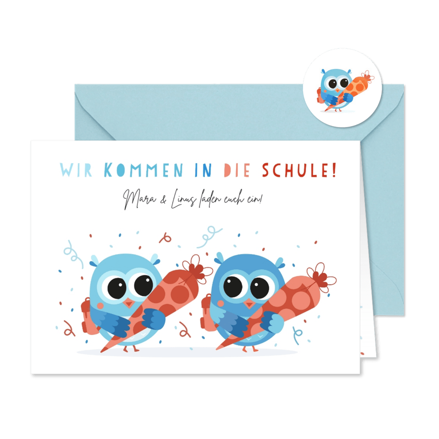 Einladungskarte Einschulung Zwillingseulen - Kartenvorschau
