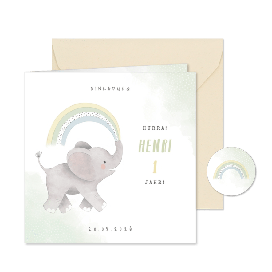 Einladungskarte Elefant mit Regenbogen 1. Geburtstag - Karteneindruck