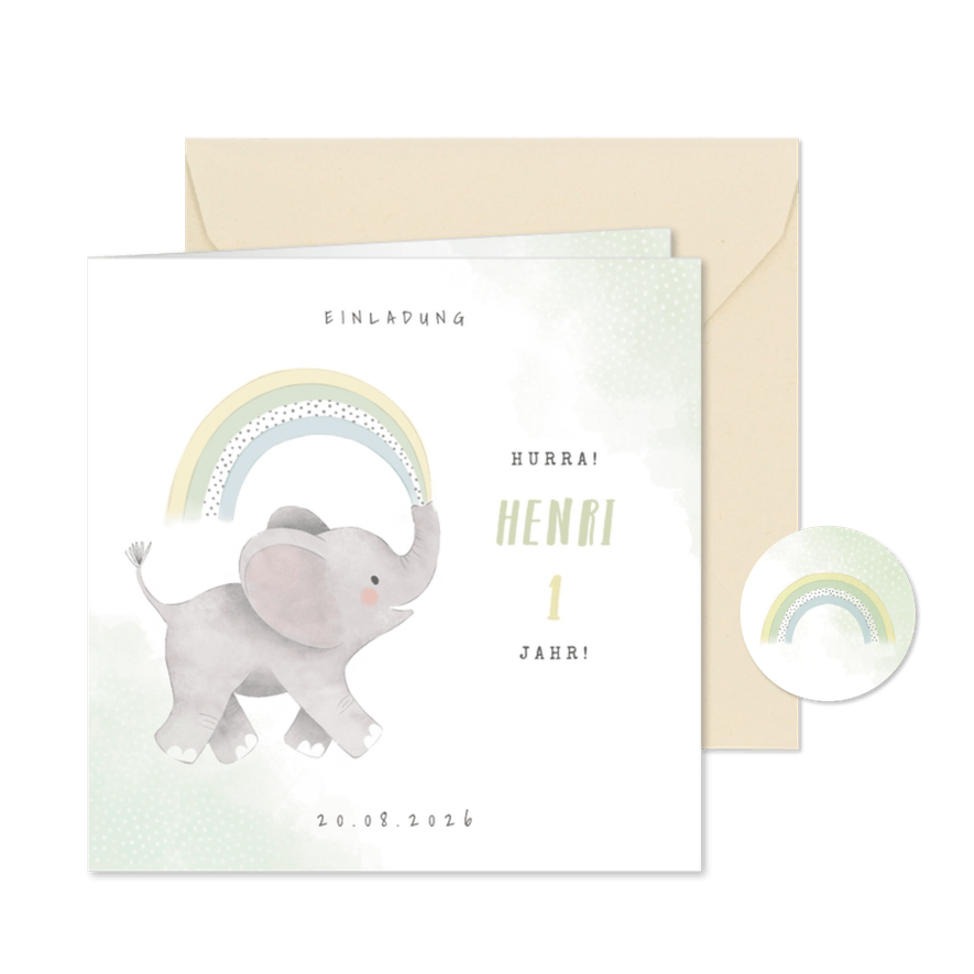 Einladungskarte Elefant mit Regenbogen 1. Geburtstag - Karteneindruck
