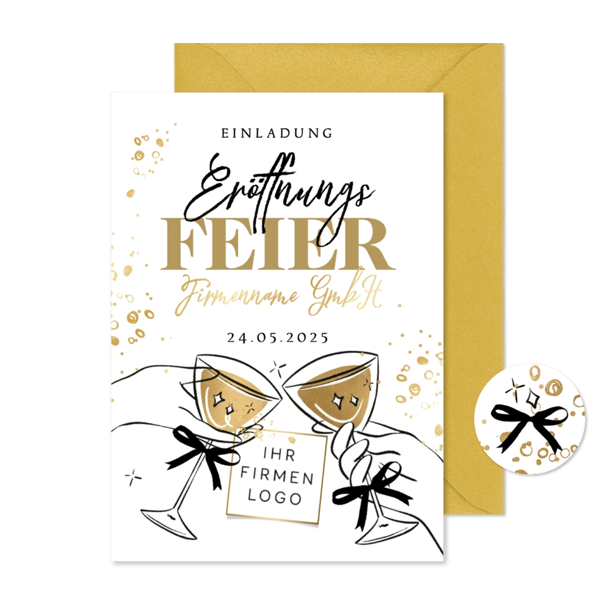 Einladungskarte Eröffnungsfeier Anstoßen Champagner Logo - Karteneindruck
