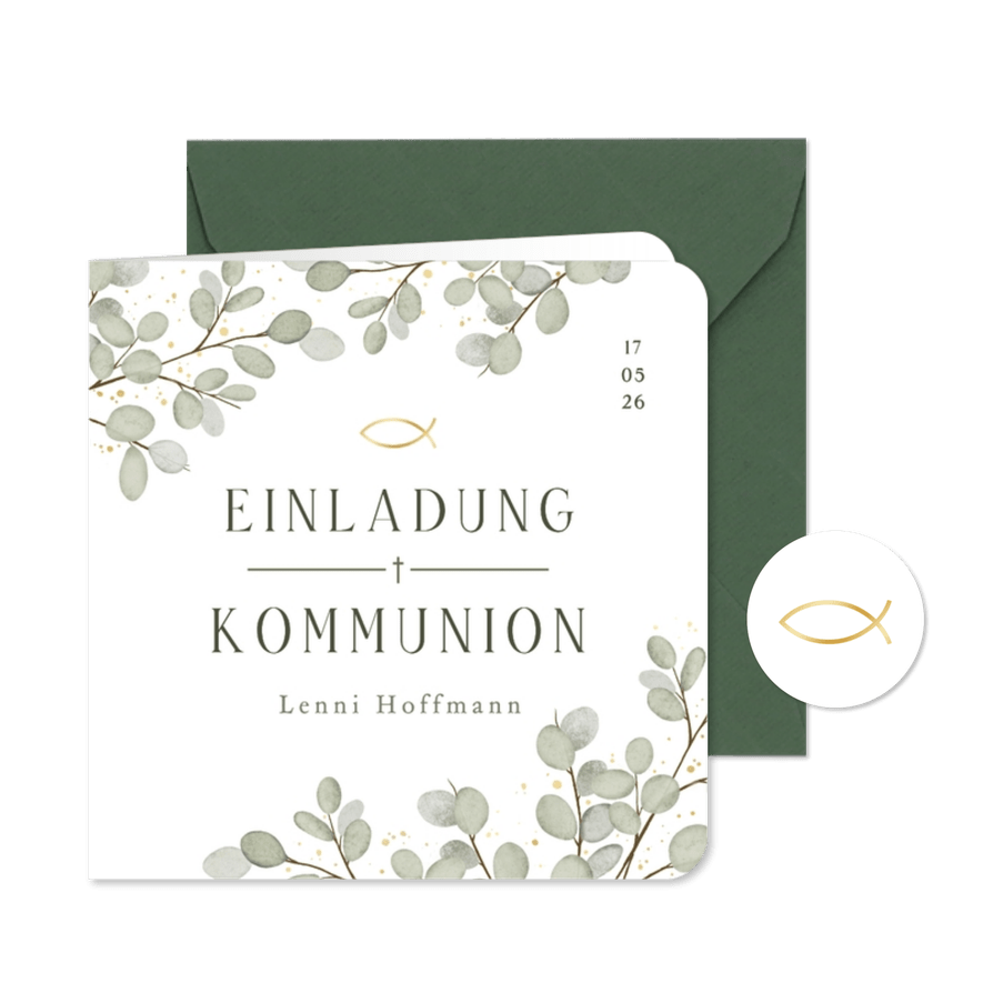 Einladungskarte Eukalyptuszweige Goldkleckse Kommunion - Kartenvorschau
